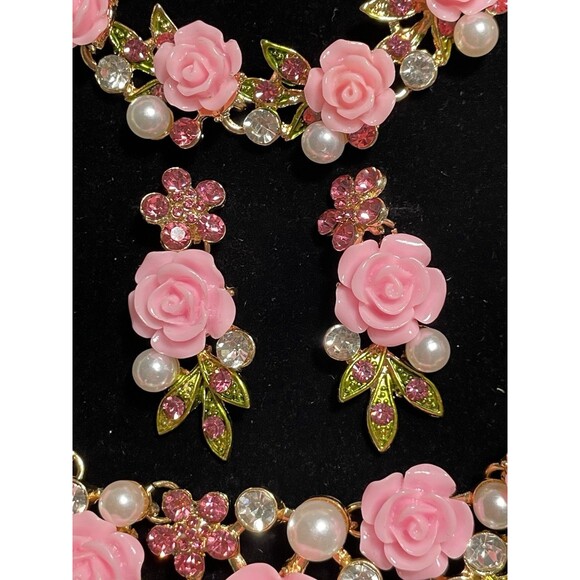 EVER FAITH Women's Austrian Crystal Simulated Pearl Rose Flower Leaf Necklace... - Picture 5 of 12